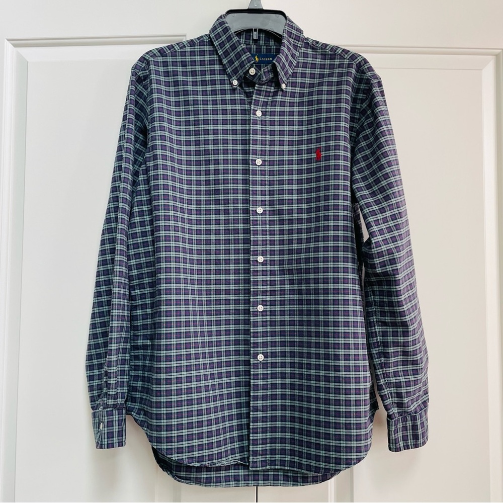 Ralph Lauren Green Plaid Burgundy Pony Long Sleeve Button Down Cotton Shirt